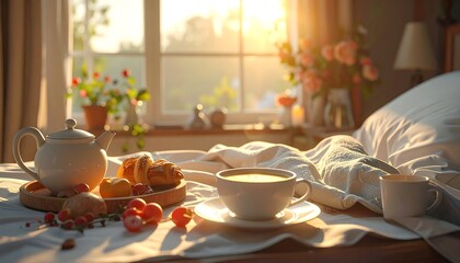 Cozy scene depicting a sunlit breakfast on a bed. Teapot, croissants, berries, and a cup on a tray, with flowers