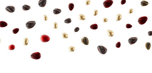 Decorative and modern image of golden, red and black eggs in a white background. Perfect for design projects, festive th