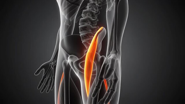 Anatomical illustration of the human adductor longus muscle highlighted in orange.