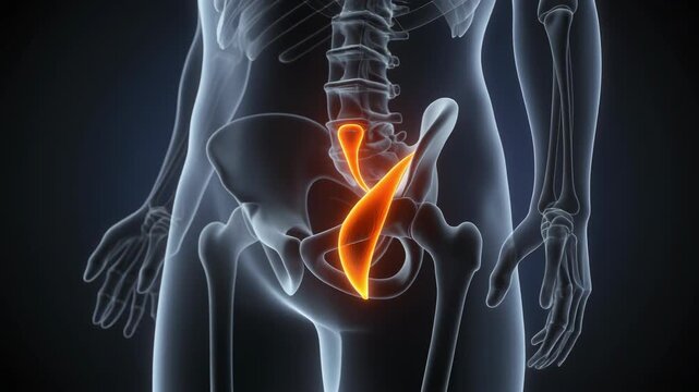 Anatomical 3D Animation of Human Pelvis and Hip Muscles Highlighted.