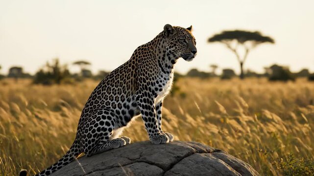 A majestic African leopard sits alert on a rock at sunset in the savanna, with close-up shots highlighting its intense gaze and detailed spotted fur pattern.