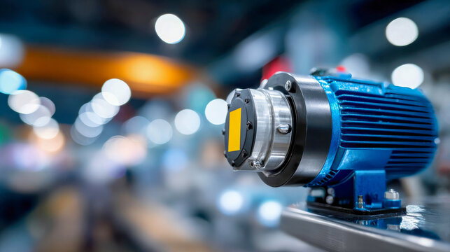 Close-up of industrial electric motor pump in a modern factory, blue equipment with shallow depth of field and blurred workshop lights