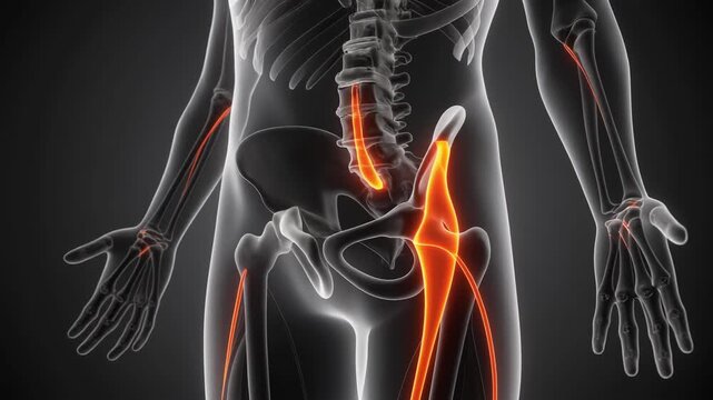 Anatomical 3D Render of Human Skeleton Highlighting Leg Bones and Pelvis.