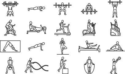 Collection of fitness icons depicting a variety of exercise and workout activities, designed in a sleek, minimalist style.