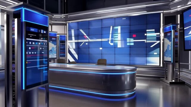 News studio setup with modern screens and empty desk in a broadcasting area at night