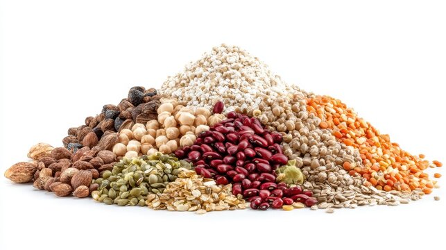 Assorted healthy grains, legumes, and seeds pile isolated on white background