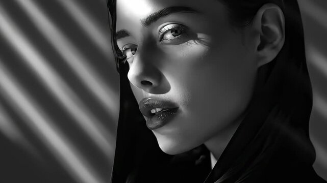 Dramatic black and white portrait of a beautiful young woman with cinematic lighting and shadows from window blinds on her face.