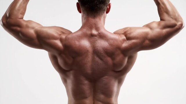 Muscular man flexing back and arm muscles from behind