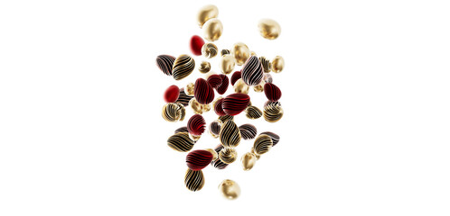 A striking abstract image featuring elegant floating 3D shapes in gold, red and black. Ideal for modern designs and crea