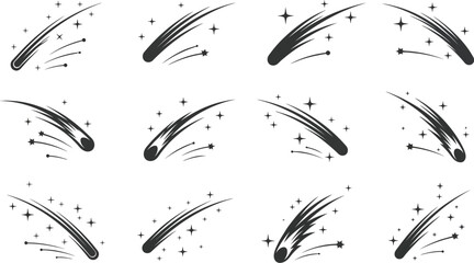 Black curved comet and stars sparkle vector icon set © Charutha