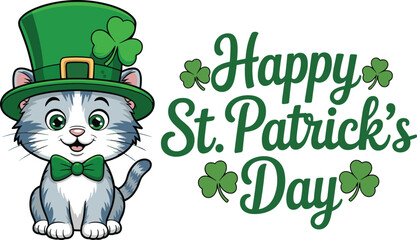 Happy St Patrick’s Day Typography with Cute Cat Wearing Leprechaun Hat Shamrocks and Bow Tie Festive Irish Holiday Illustration Isolated © Milon Creative