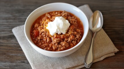 Fototapeta premium Hearty Bowl of Chili with Ground Meat Garnished with Sour Cream Served on Rustic Wooden Surface with Spoon and Linen Napkin