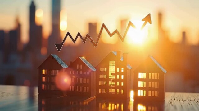 Growth in real estate market with rising property values during sunset in city skyline