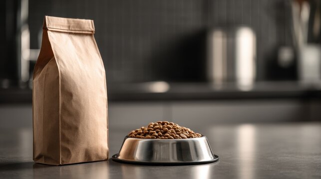 Brown paper bag of dry pet food and a stainless steel bowl on a kitchen counter