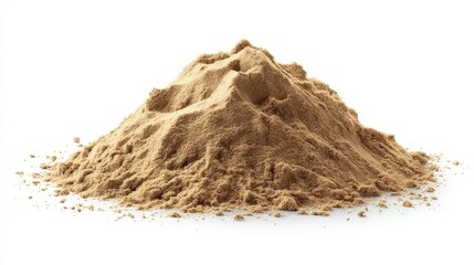 Heap of brown powder or whole grain flour isolated on white background