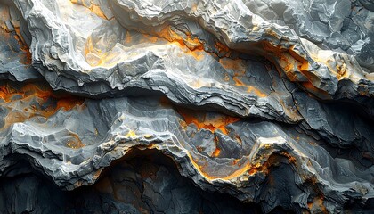 Close-up of layered rock formations with a rough, textured appearance, showcasing various shades of gray and burnt orange hues