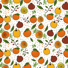 Obraz premium Colorful citrus fruit seamless pattern with orange lemon lime pomegranate and leaves on white background.