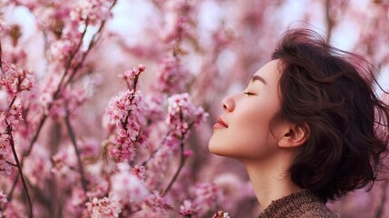Naklejka premium Woman breathes in sweet spring flower scent.