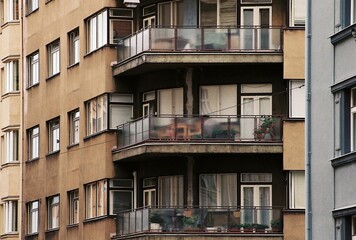 Fototapeta premium Modernist apartment building balconies in Prague, analog film photography