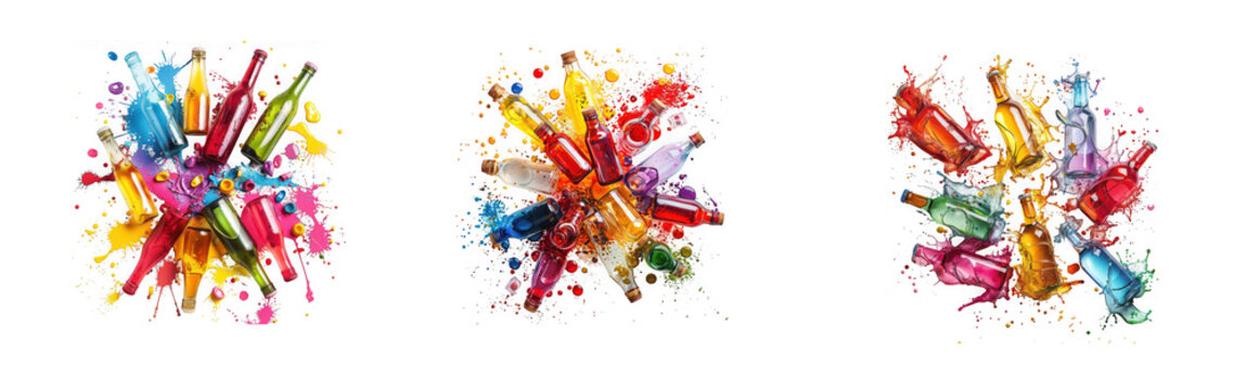 Vibrant Colorful Glass Bottles Splashing Rainbow Liquid in Dynamic Circular Composition isolated on transparent background
