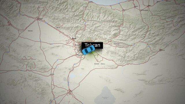 Tehran to Isfahan Iran Map Route Animation with Car Icon on World Map