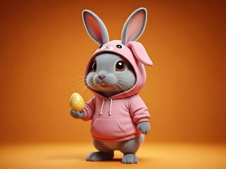 Fototapeta premium Cute cartoon rabbit in pink hoodie holding banana