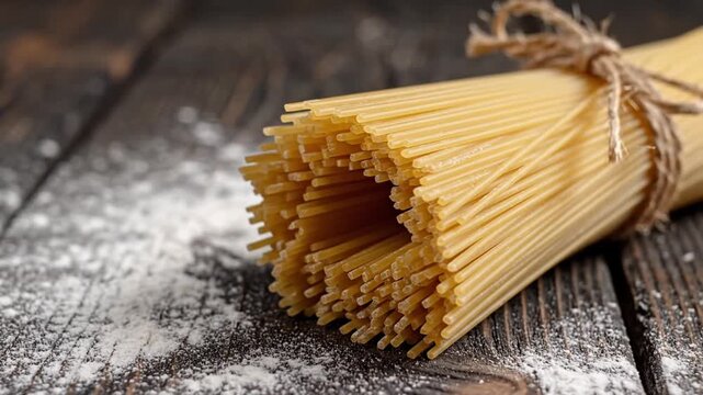 Uncooked spaghetti pasta bundle on wooden table with flour
