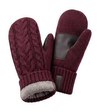 Fleece-lined mittens with a cable-knit pattern in deep burgundy