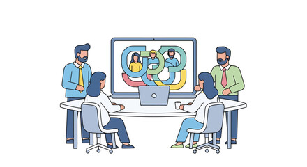 Diverse team collaborates on digital strategy presentation displayed on large monitor during business meeting and brainstorming session