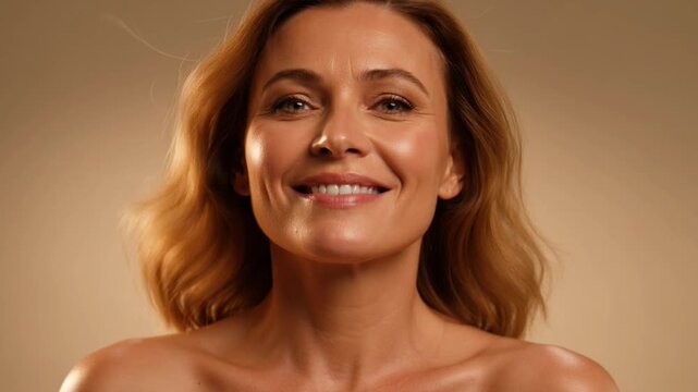 Mature woman with glowing skin and soft expression