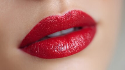 Close-Up View of Glossy Red Lips with Perfect Cosmetic Application and Smooth Texture, Capturing Beauty and Elegance in Vibrant Color