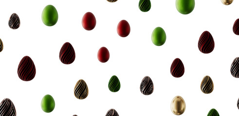 Seamless pattern of colorful Easter eggs in different styles. Spring holidays festive concept with egg shapes.