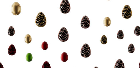 Seamless pattern of various colored Easter eggs on a white background. Perfect for Easter related designs and celebratio