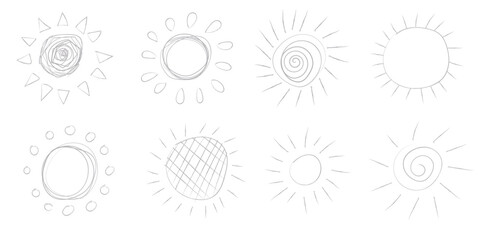 Collection of Stylized Sun Illustrations Hand Drawn Sketches Featuring Various Radiating Line Patterns and Circular Core Designs Expressing Solar Energy and Brightness in a Simple Artistic Style