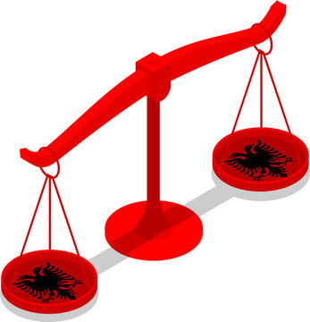 Isometric scales of justice with Albanian flag symbolizing law and governance