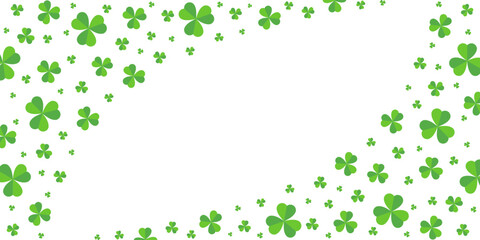 Fototapeta premium Festive banner with scattered green shamrock clover leaves and copy space in the center. Perfect for St. Patrick's Day designs. PNG and Vector illustration