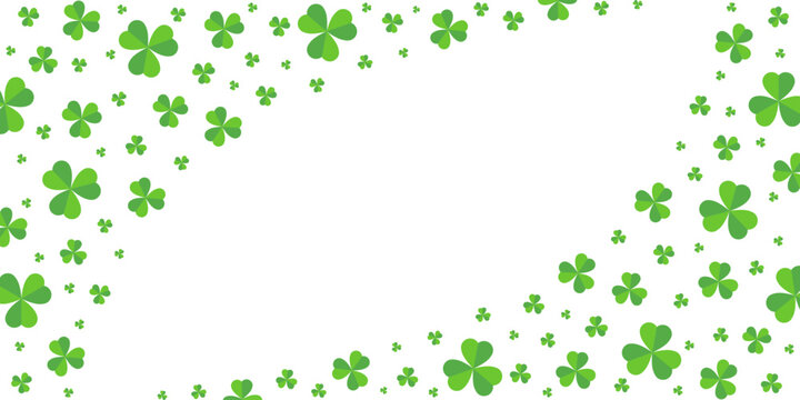 Festive banner with scattered green shamrock clover leaves and copy space in the center. Perfect for St. Patrick's Day designs. PNG and Vector illustration