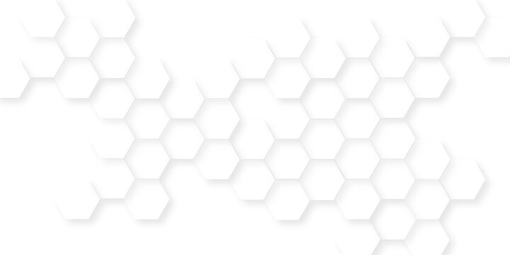 White geometric hexagonal honeycomb shape texture, modern futuristic geometric shapes pattern design, bright white abstract hexagon wallpaper or background.