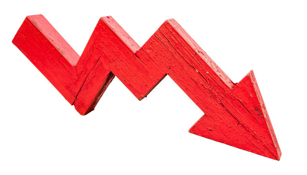 Red Wooden Downward Arrow with Cracks Isolated on Transparent Background; PNG
