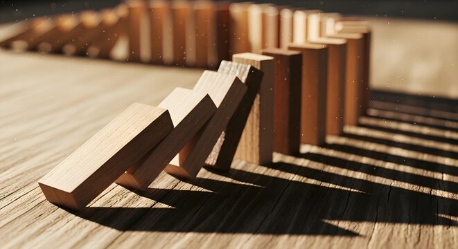 Domino Effect Crisis: Row of wooden blocks falling on table with long shadows, chain reaction, business collapse, risk management, causal sequence, strategy failure and consequence concept