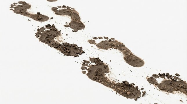 Dirty footprints of bare feet on a clean white surface. Abstract concept of human impact on nature, ecological footprint, or a messy journey with textured mud details.