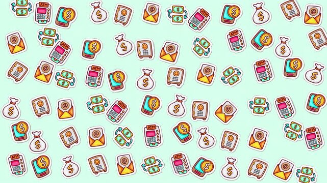 Scattered money bags, cash envelopes, and phone coin icons. Suitable for financial concepts, banking presentations, or investment websites.
