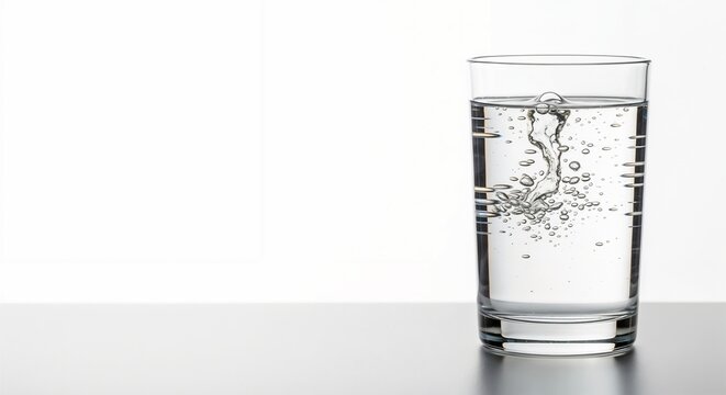Clear glass of fresh water with splashes and bubbles on a reflective white background