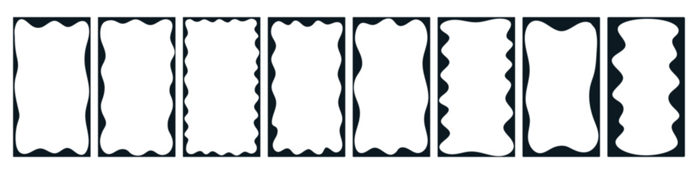 Set of wavy vertical rectangular frames, minimalist black wiggly borders, irregular backgrounds templates. Simple abstract graphic vector illustration for kids