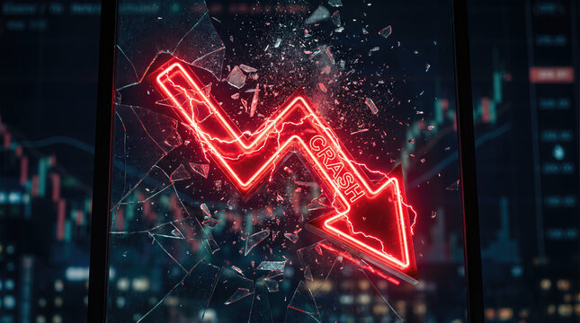 Neon arrow breaks glass, symbolizing stock market crash. Display shows fluctuating financial data in dark office setting. Concept of finance, investment, business
