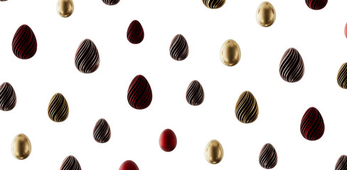 A beautiful and festive Easter background featuring a pattern of gold and red decorative eggs on a white background, per