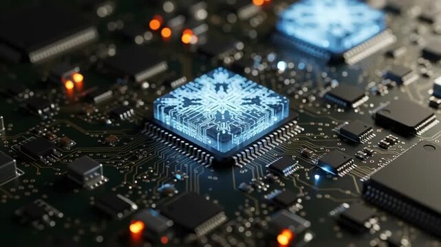 Close-up of computer microchip circuit.