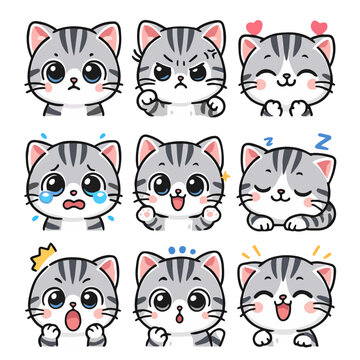 A set of cute anime cats illustrations doing different activities with different expressions.Stickers or badges. American Shorthair