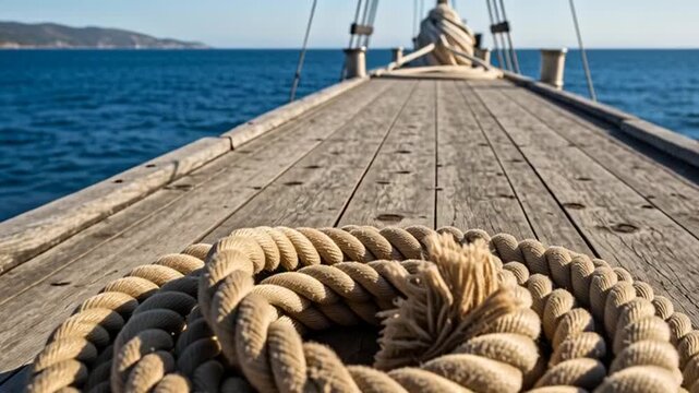 Coiled rope on a wooden deck.