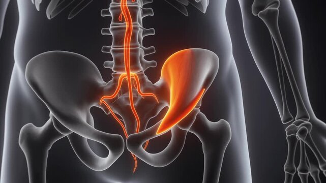 Anatomical 3D Rendering of Human Lumbar Spine and Pelvis with Highlighted Sciatic Nerve Pathways.